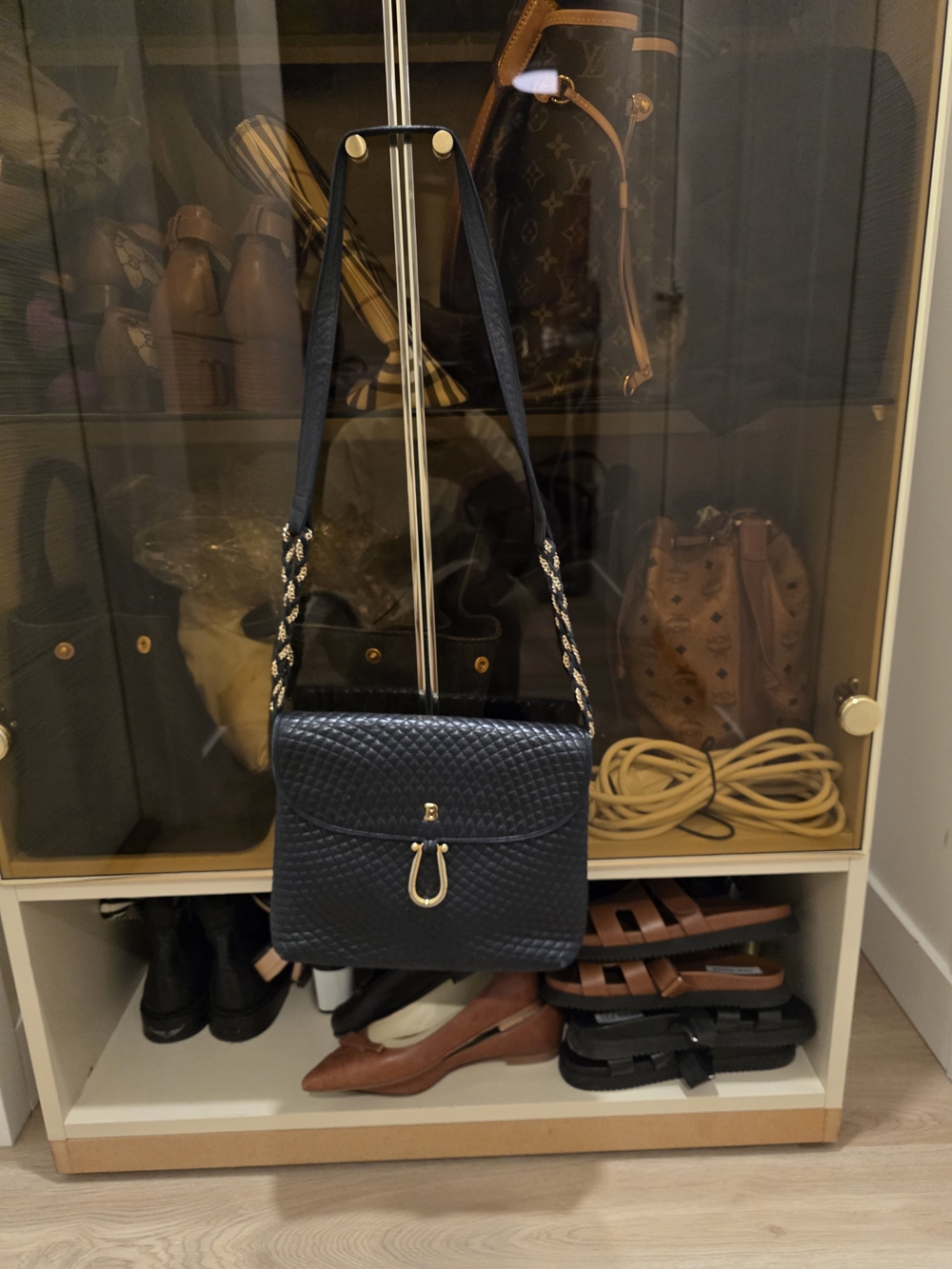 Black Quilted Shoulder Bag with Gold Hardware